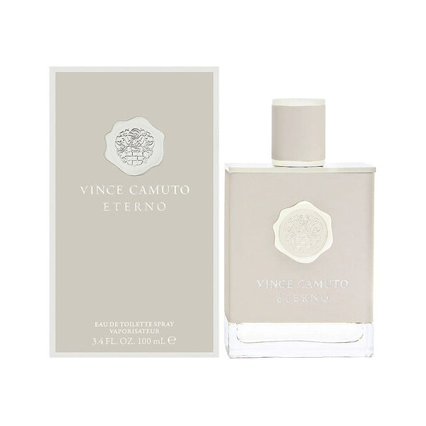 A Vince Camuto Eterno Eau De Toilette for Men 3.4oz bottle is shown next to its matching light beige and white box, both featuring the Vince Camuto logo and product name for an elegant display.